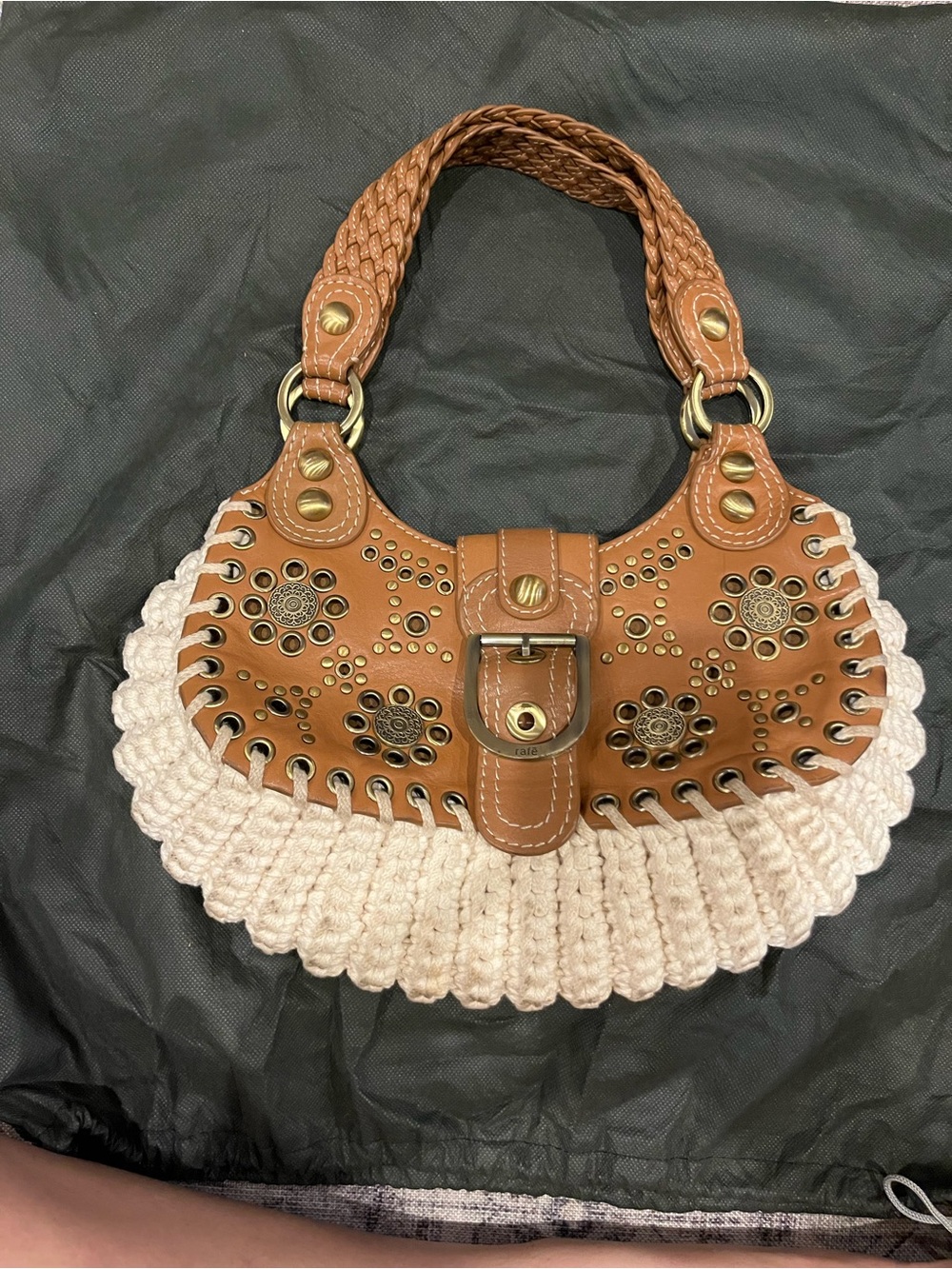 Rafe Brown & Cream Braided-Handle Shoulder Bag with Studded Floral Cutouts